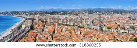 a panoramic view of Nice, France, and the Promenade des Anglais bordering the Mediterranean Sea at the Baie des Agnes bay