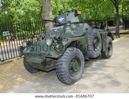 LONDON - MAY 6: Armoured car outside of Guards Museum on May 6, 2011 in London. It is located in Wellington Barracks close to Buckingham Palace, which is the home of the five regiments of Foot Guards