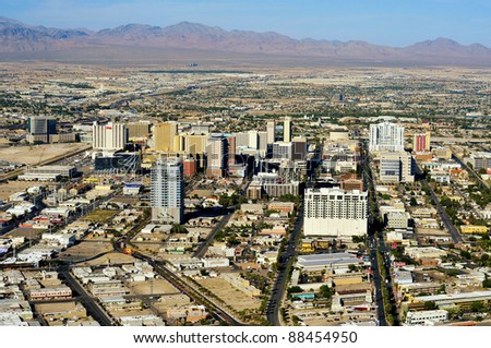 LAS VEGAS, US - OCTOBER 13: Aerial view of Downtown Las Vegas on October 13, 2011 in Las Vegas, US. It is the original gambling district of Las Vegas and where are the old hotels and casinos