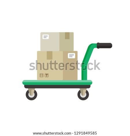 vector market service cart, platform hand truck or trolley / warehouse and cargo cart, delivery and lift, industry equipment, factory industrial loader / isolated on white / sign, icon and symbol