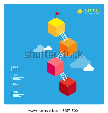 vector steps up to target with ladder, and plant flag / illustration style, consist of colorful cubes / can be used for layout, diagram, step up options, web template, infographics