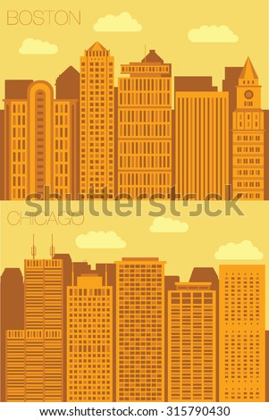 Set of backgrounds of big cities - Boston and Chicago.  Sketch streets of Boston and Chicago. Vector illustration of stylized buildings of America. Skyscraper for landmark Boston and Chicago. Sketch