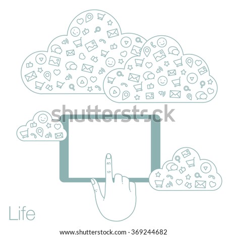 Demonstration screen tablet for presentation application. Icons set in flat style on background. Illustration of cloud technology and services. Hand with smartphone. Media and networking in devices