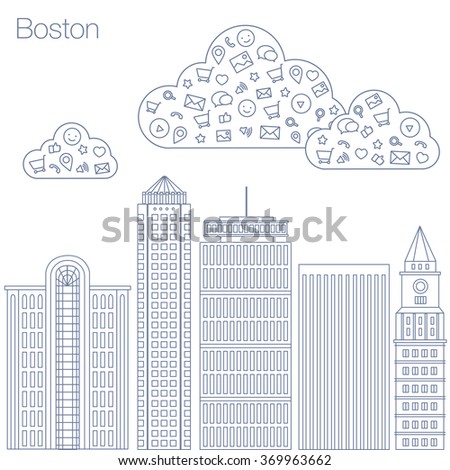Cloud technologies and services in the world wide web. Hackathon, workshop, seminar, lecture in the metropolis Boston. The city is in a flat style for presentations, posters, banners.