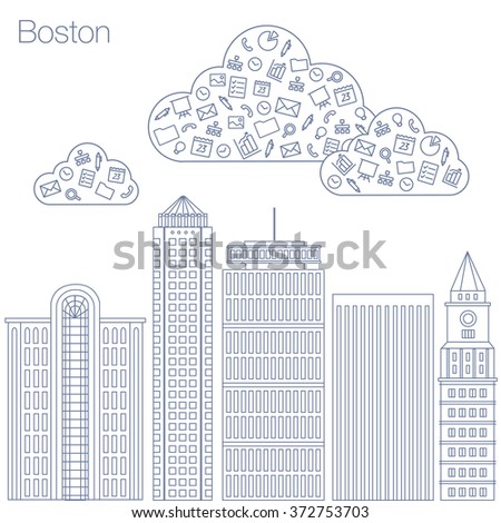 Cloud technologies and services in the world wide web. Hackathon, workshop, seminar, lecture in metropolis Boston. The city is in a flat style for presentations, posters, banners. Vector illustration