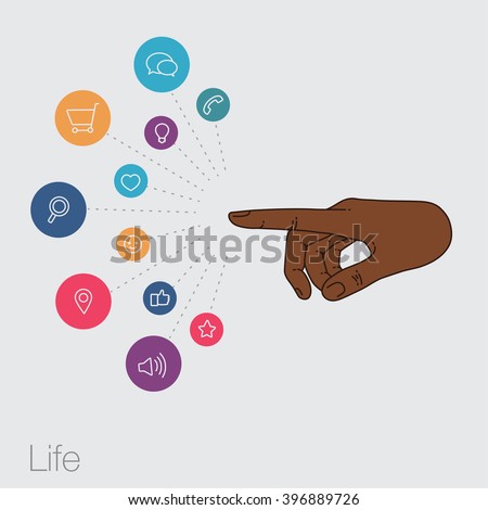 Hand set of line icons. Demonstration internet and social network. Vector flat illustration of cloud service and technology. Sharing of working file and document project. Tools for business and work.