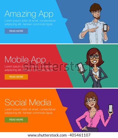 Vector concept for app template - mobile app, smartphone, social media, mobile phone. Banner or header of vector mobile cell app. Ads banner presentation for Hackathon. Cartoon character with mobile 