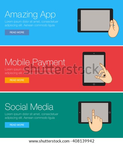 Flat design concept for website template - mobile app, smartphone, social media, business. Web banners or headers vector illustration. Web banner for presentation. Cartoon vector character with mobile