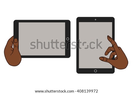 Icons set in flat style on background. Illustration of cloud technology and services. Hand with a tablet. Social media and networking in devices. Demonstration screen tablet for presentation app