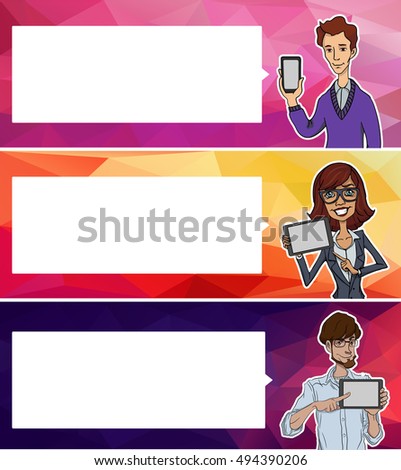 Web banner with mobile app, smartphone, tablet. Vector banners or headers with abstract background. Woman and man keep mobile devices and talking on bubble text. Ads banner presentation for Hackathon 