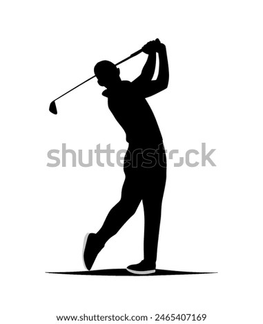 a silhouette of a golfer hitting a ball with a white background	