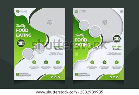 Healthy food eating flyer design in vector format. Eco flyer, natural beauty, business brochure restaurant menu flyer with demo text. Soft green gradient color poster for different businesses.