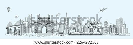 Mumbai skyline landscape view of the city of Mumbai with characteristics of buildings and monuments in line vector art, BOMBAY city vector panoramic sketch.
