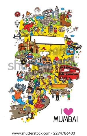 illustration of Mumbai culture, Tata Mumbai marathon doodles, doodle shirt design, Mumbai India illustration, Mumbai elements.