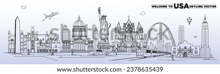 Welcome To USA, USA Skyline Line Drawing Vector Illustration, Outline Welcome to New York USA Skyline