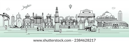 Delhi Skyline, New Delhi city, Line Art Vector Illustration with all the famous buildings.