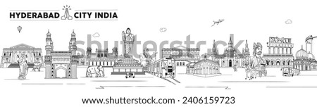 Hyderabad Indian City Skyline with Historical Buildings, HYDERABAD city hand drawing sketch illustration.