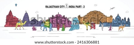 Rajasthan Culture skyline, Rajasthan, India. This illustration represents the city with its most notable buildings. editable Vector, every object is holistic and movable Hawa Mahal, India Part 2.