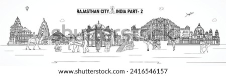 Rajasthan, famous monument of India, Hand drawn sketch illustration, Jaipur architecture line skyline illustration, illustration depicting the culture of Rajasthan, Kachhi ghodi folk dance of India.