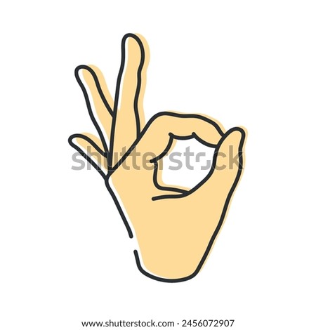 Hand with OK gesture sign. Line icon isolated on blue background. Hand drawn vector illustration