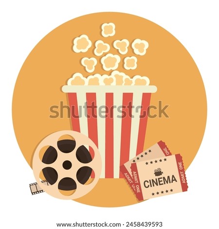 Movie poster template. Retro Cinema emblem with a film reel, popcorn bucket and movie tickets. Vector illustration in flat style