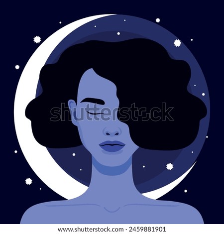 Young woman with closed eyes on night sky background. Portrait or avatar of a young female and crescent. Calm and peaceful girl. Vector illustration