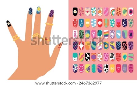 Fancy painted nails. Hand with nail design art set. Bright colorful manicure design. Vector illustration