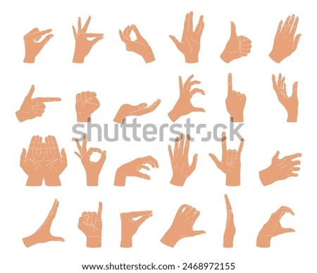 Collection of different hand gestures. Gesturing like okay sign, thumb up, pointing finger, making heart, holding hands. Vector illustration