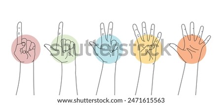 Set of outline hands counting numbers from one to five. Hand gestures. Vector illustration