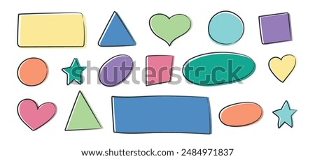 Set of doodle geometric shapes in childish style. Different hand drawn doodle quote frames. Square, circle, triangle, star, heart shape. Vector illustration