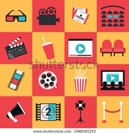 Cinema movie icons set. 3d glasses, camera, tickets, movie theater reservation, clapper board, film strip, film reel, popcorn bucket, movie theater screen, light projector