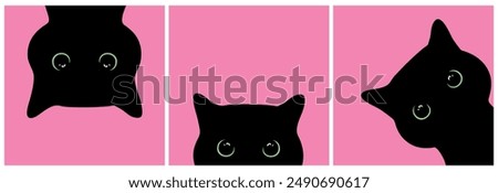 Peeking black cats set with big green eyes on pink background. Curious cats looking out. Cute black cat face. Vector illustration