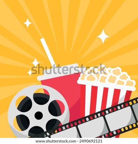 Cinema movie background. Popcorn bucket, cold drink soda with straw, film reel and film strip. Movie film premiere template