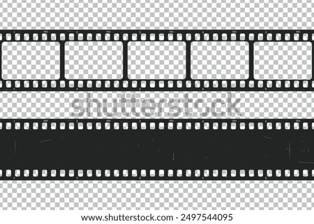 Old retro movie film strip set with grunge texture on transparent background. Film strip templates. Cinema and filmmaking concept. Vector illustration