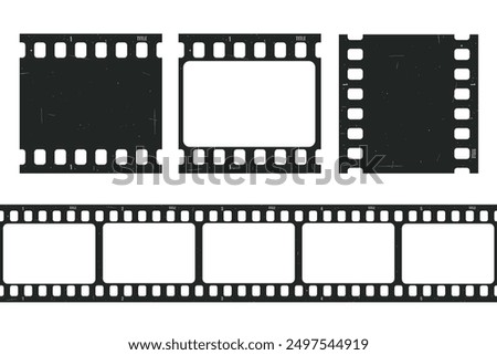 Old retro movie film strip set with grunge texture isolated on white background. Film strip templates. Cinema and filmmaking concept. Vector illustration