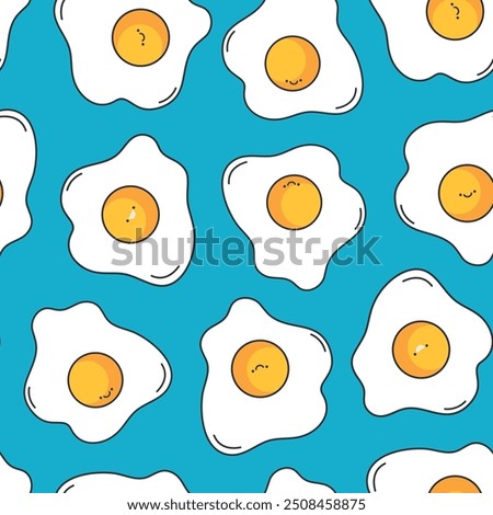 Cute fried eggs seamless pattern. Funny smiling cartoon eggs. Breakfast concept. Vector illustration