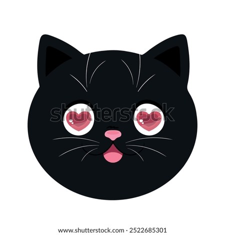 Cartoon black cat face with heart shape eyes. Cat in love. Vector illustration