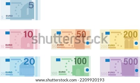 
All euro banknotes  5, 10, 20, 50, 100, 200 and 500, euros bills.
Euro currency banknotes. Big stack of money. Simple, flat style. Graphic vector illustration. European paper money backdrop with.