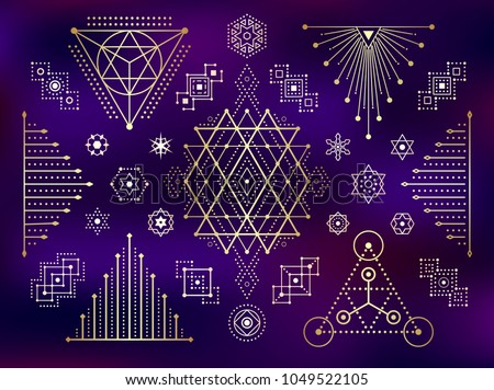 Sacred geometry style gold symbol set. Sacral geometric outline signs on gradient mesh background. Line art golden elements. EPS 10 linear design vector illustration.