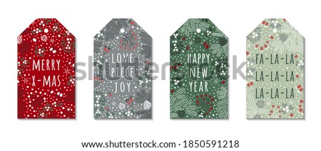 Merry X-mas, Happy New Year, fa la la phrases on the christmas colored ornate background with spruce twigs, snowflakes, white mistletoe and red rowan berries. EPS 10 vector tag design.