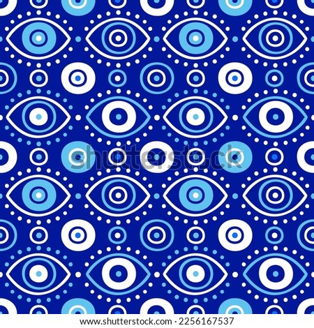 Background of Turkish evil eye symbols. Ethnic style blue greek protection from the spoilage signs. EPS 10 vector seamless pattern for wrapping paper, textile, package print