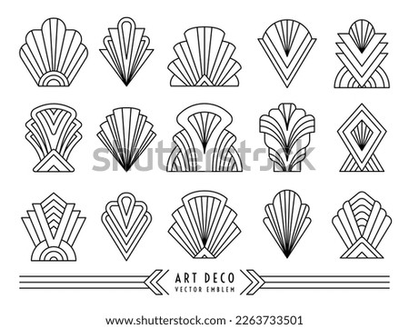 Art Deco style symbol set. Geometric outline linear design elements. EPS 10 vector illustration isolated on the white background. Editable stroke. Paths are not expanded.