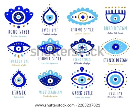 Ethnic boho style blue greek protection from the spoilage signs with golden glitter details. Turkish evil eye symbols with sequins. EPS 10 vector illustration set. Isolated on the white background.