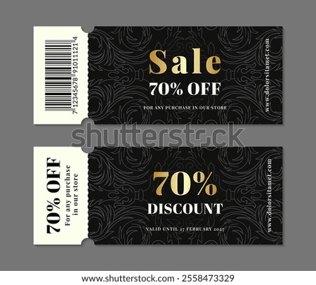 Dark ornate 70 percent off discount tear-off coupon with barcode, golden text. Black elegant classic design, retro baroque ornament. Vintage style sale voucher template. EPS 10 vector illustration.