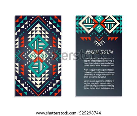 Aztec style colorful vertical flyer. American indian ornamental pattern design. Front and back pages. Ornamental blank with ethnic motifs. Tribal decorative template. EPS 10 vector concept. Isolated.