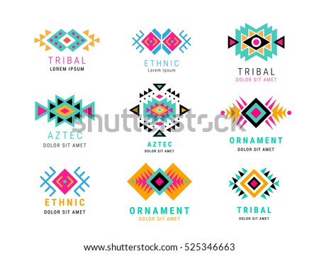 Colorful  Aztec style ornamental simple geometric logo set. American indian ornate pattern design collection. Tribal decorative templates. Ethnic ornamentation. EPS 10 vector illustration isolated.