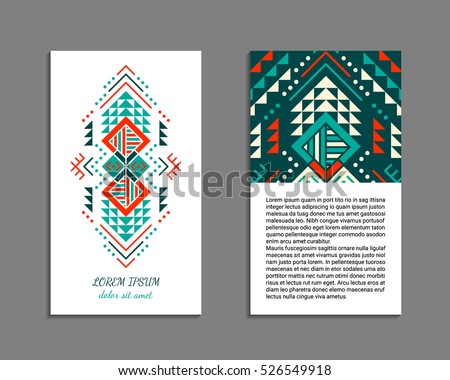 Aztec style colorful vertical flyer. American indian ornamental pattern design. Front and back pages. Ornamental blank with ethnic motifs. Tribal decorative template. EPS 10 vector concept. Isolated.