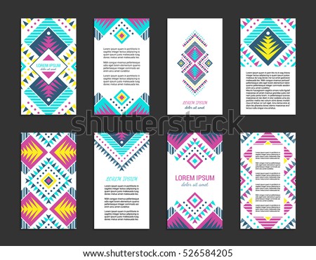 Aztec style colorful vertical flyer set. American indian ornamental pattern design. Front and back pages. Ornamental collection with ethnic motifs. Tribal decorative template. EPS 10 vector concept.