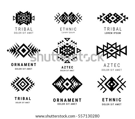 Monochrome Aztec style ornamental simple geometric logo set. American indian ornate pattern design collection. Tribal decorative templates. Ethnic ornamentation. EPS 10 vector illustration isolated.