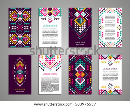 Aztec style colorful vertical flyer set. American indian ornate pattern design. Front and back pages. Ornamental collection with ethnic motifs. Tribal decorative template. EPS 10 vector concept.